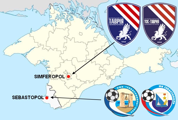 Carte de Crimée avec les logos des deux plus grands clubs de la région, avant et après l'annexion
